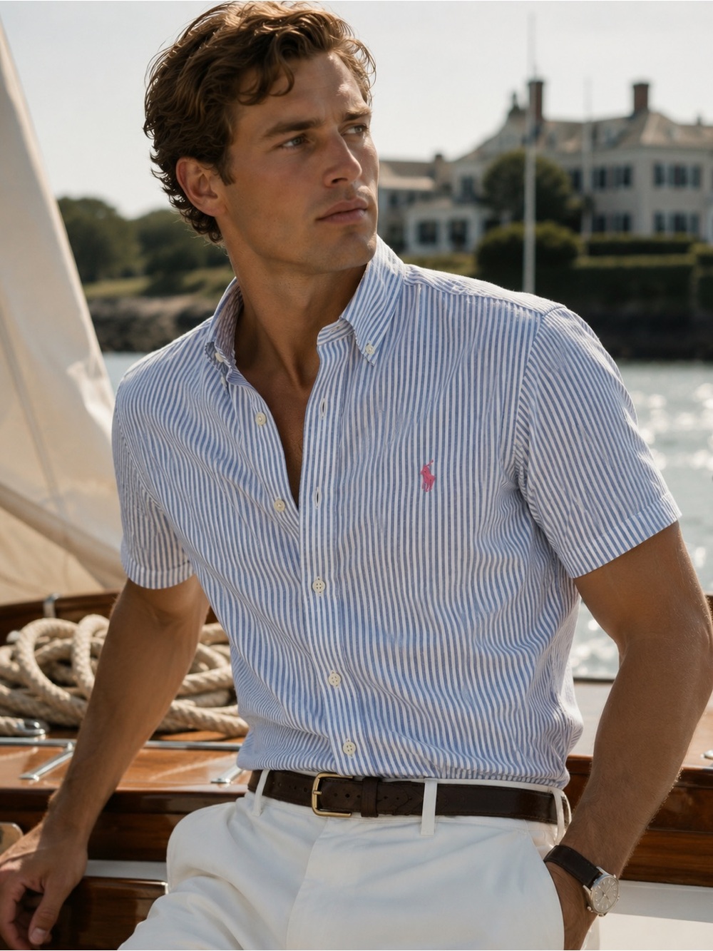 Ralph Lauren Blue and White Striped Short-Sleeve Button-Down Shirt